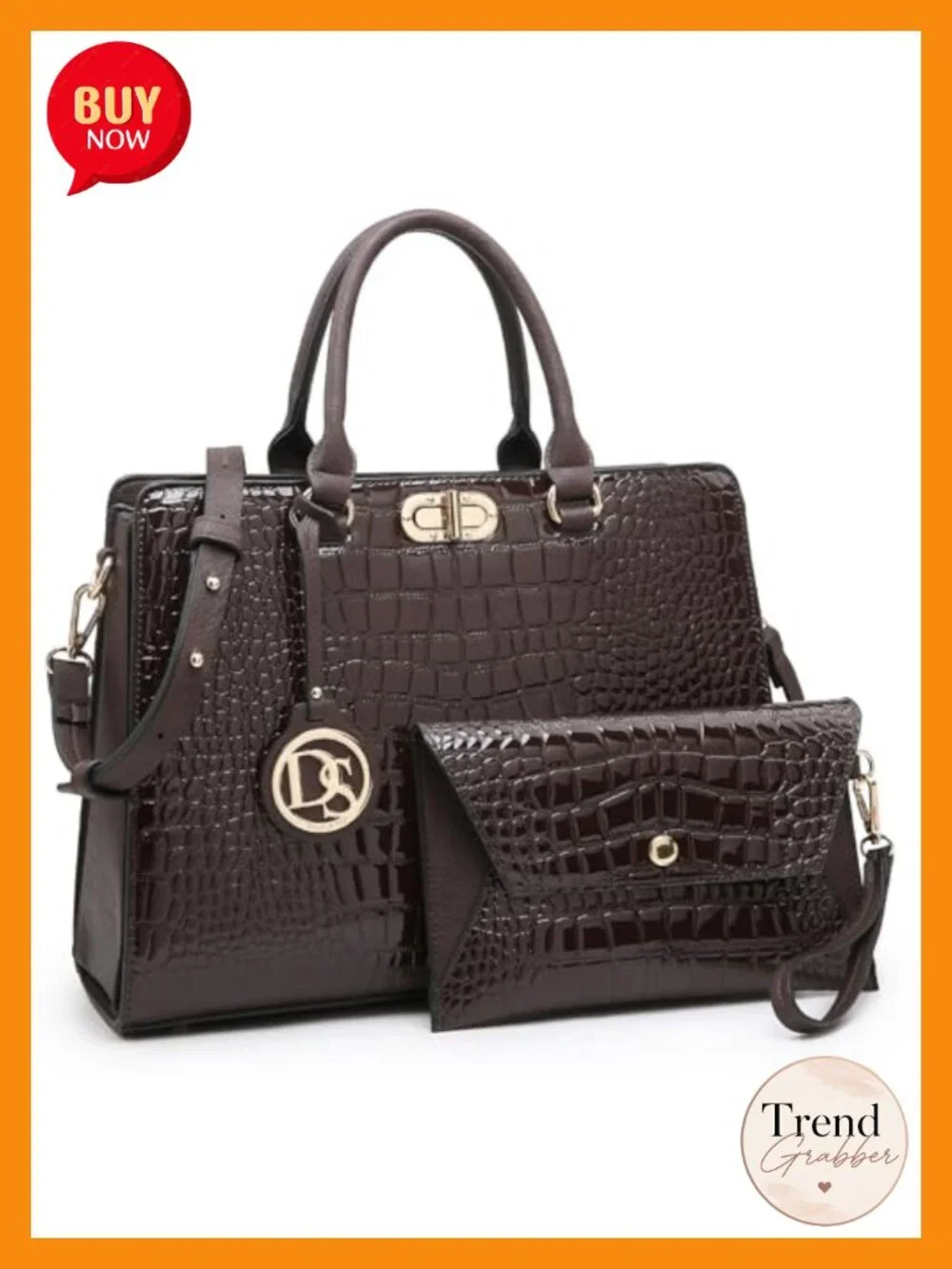 Vegan Leather Satchel Tote with Matching Clutch Gold Hardware Shoulder Bag Work